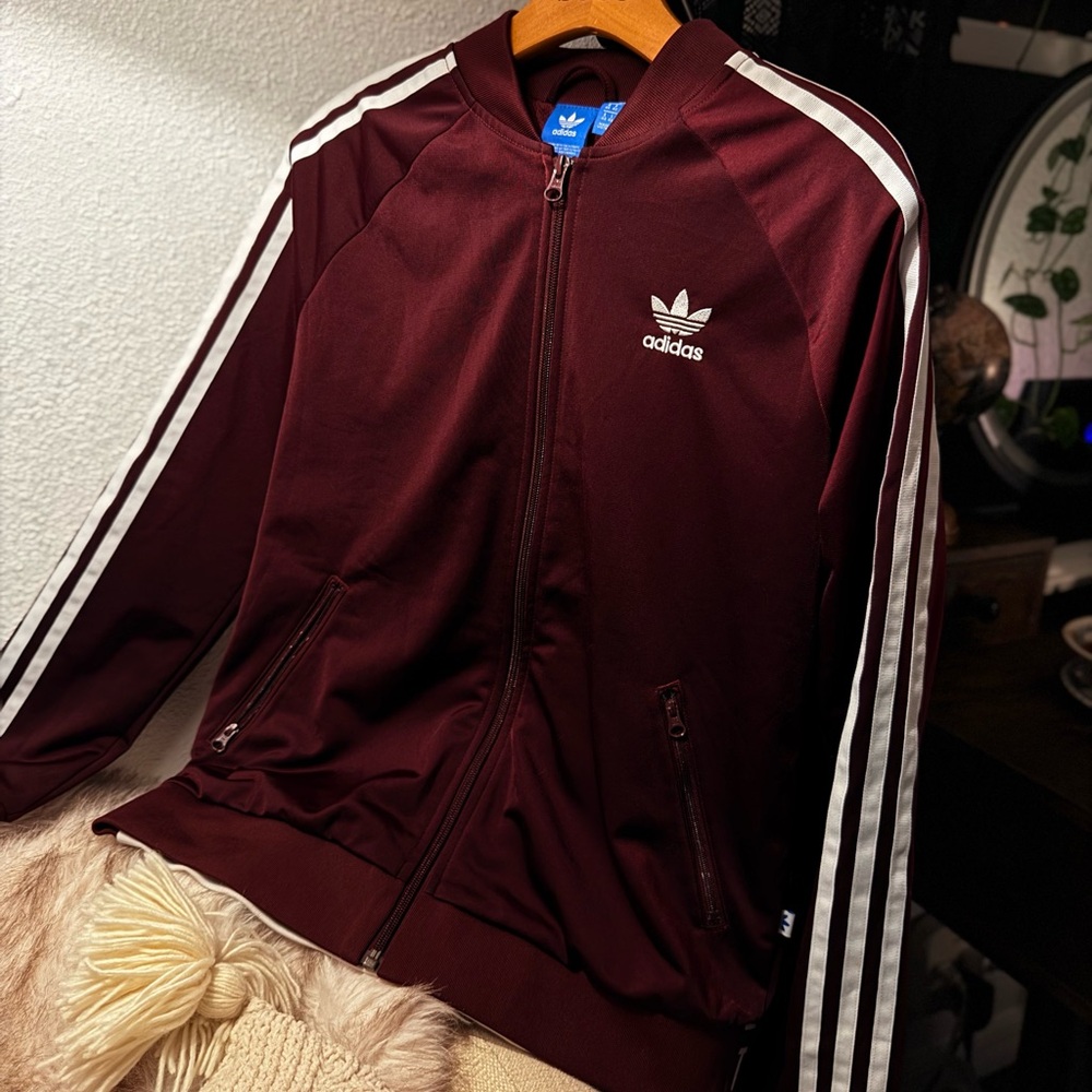 Vintage ADDIDAS Maroon Training Jacket with ZIPPER POCKETS (Size M)